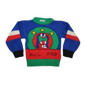 Vintage 90s Christopher Rand Blue and Green Football Player Sweater 4T